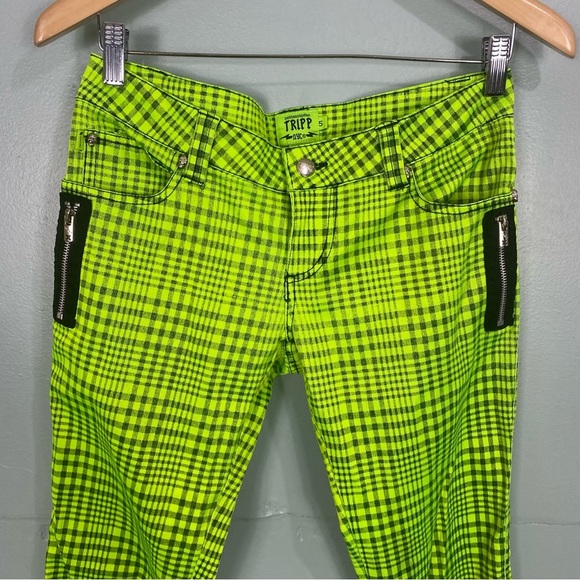 Tripp NYC Plaid Neon Green Black Plaid Skinny Pants Sz 5 Grunge Emo‎ Alt - Picture 2 of 7